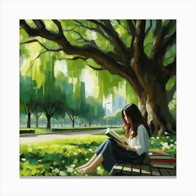 Girl Reading Under A Tree, Acrylic Painting Style 2 Canvas Print