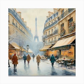 Paris cafes, winter season, Christmas, pale colors, pedestrians in the street, winter clothes, falling snow.12 1 Canvas Print