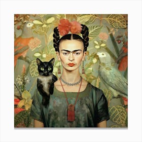 Frida Kahlo Selbstportrait mit Papagei und Katze, Florale Blumen Malerei Canvas Print