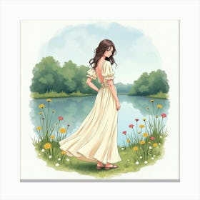 Stylish Dress In Watercolor, Against A Tranquil Lake Setting 1 Canvas Print