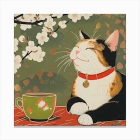 Black Calico Cat And Green Tea Canvas Print