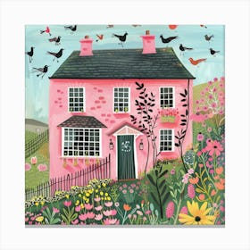 Pink House With Birds Canvas Print