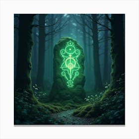 Ancient Runestone Glowing With Mystical Symbols In A Dense Forest 1 Canvas Print