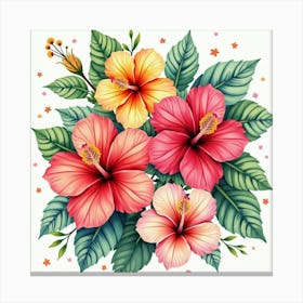 Bright Watercolor Hibiscus Flowers In A Tropical Setting Canvas Print