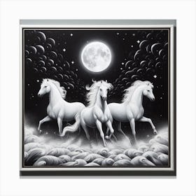 Three White Horses In The Moonlight Canvas Print