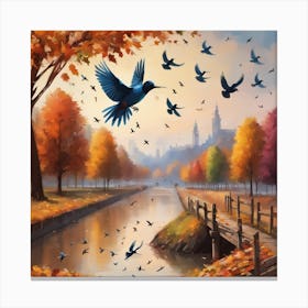 Birds Flying Over A River Canvas Print