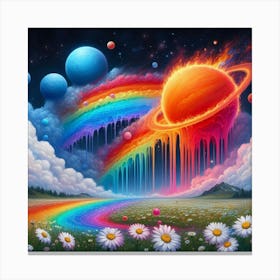 A Red Cloud, Blue Rainbow And Fiery Planets Melting Over A Field Of Daisies 2 Canvas Print