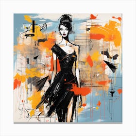 Fashion Girl In Black Dress Canvas Print