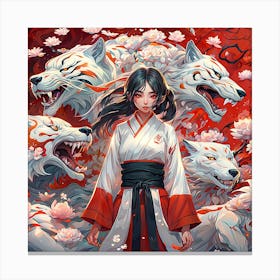 Samurai Girl wiyh whites wolfs Canvas Print