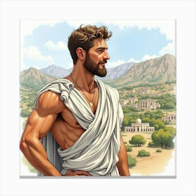 A Charming Greek Man In Watercolor, With The Ancient Hills Of Greece In The Background 1 Canvas Print