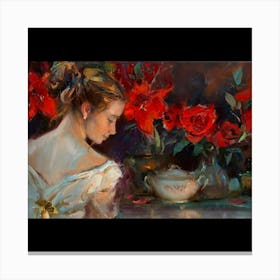 Girl With Red Roses Canvas Print