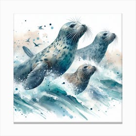 Sea Seals In Motion, Sea Seals Watercolour Art Print 2 Canvas Print