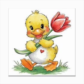 Duck With Tulip Canvas Print