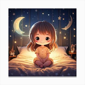 Firefly Chibi, Cute, Folded Hands, Eyes Closed, Smiling, Sitting, Bed, Edge, Stars, Moon, Decoration (9) Canvas Print