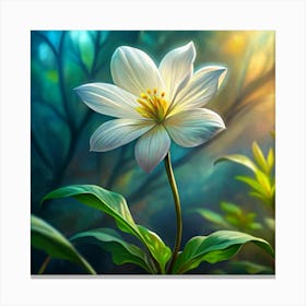 White Flower With Yellow Center In Forest Canvas Print