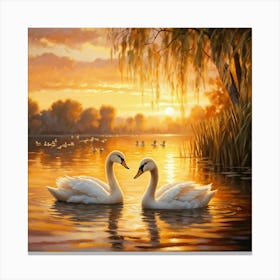 Cygnets Alongside Their Mother Soft Feathers Shimmering In The Light Serene Lake Setting Gentle R Canvas Print