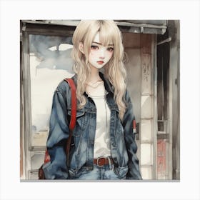 Anime Girl In Denim Jacket Canvas Print