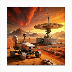 A Mars rover exploring a red planet, with a large satellite dish. Canvas Print