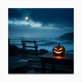 Jack O Lantern With A Glaring Eye Atop A Wooden Table On A Skittish Misty Coastline During Dusk S (4) Canvas Print