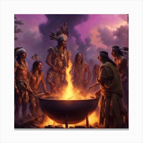 Indians At The Campfire Canvas Print