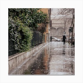 The Girl With The Umberella In The Rainy Streets Of Rome Italy Travel Square Canvas Print