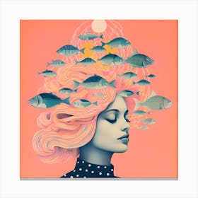 Risograph Style Surreal Woman & Fish, Candy Colours 2 Canvas Print