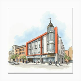 Watercolor View Of The Royal Exchange Theatre In Manchester, Featuring Its Distinctive Modern Design And Historic Context Canvas Print