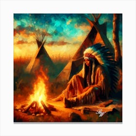 Oil Texture Native American Woman By A Campfire Copy Canvas Print