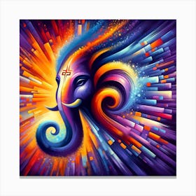 "Radiant Divinity: Lord Ganesha in Cosmic Bloom" - This vibrant depiction of Lord Ganesha is a fusion of spirituality and cosmic wonder, portrayed in an explosion of vivid colors and dynamic strokes. Symbolic of wisdom, prosperity, and the removal of obstacles, Ganesha's visage is rendered in a swirl of blues and purples, set against a backdrop of fiery oranges and yellows that suggest a universe bursting with endless possibilities. This striking artwork is a celebration of divine energy and joy, perfect for uplifting any space with its exuberant hues and spiritual significance. It's an ideal choice for those who appreciate both the traditional aspects of Ganesha and the boundless creativity of modern art. Canvas Print