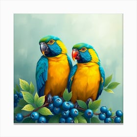 Parrots On Blueberries Canvas Print