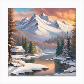 Snowy Mountain Scene Canvas Print