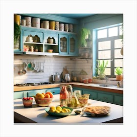 Kitchen With Blue Cabinets Canvas Print