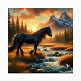 Black Stallion By Stream At Sunrise 3 Canvas Print