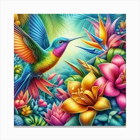 Create A Brightly Colour Image Of A Hummingbird Surrounded By Tropical Flowers Canvas Print