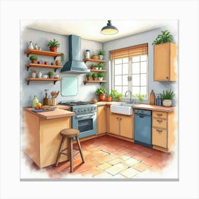 Artistic Kitchen Watercolor, Inviting, Vibrant Colors 1 Canvas Print