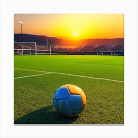 Soccer Ball On The Field At Sunset Canvas Print