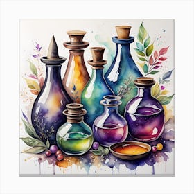 Watercolor Of Potion Bottles Canvas Print