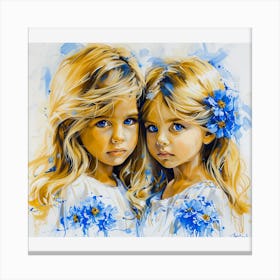 Two Little Girls With Blue Flowers Canvas Print