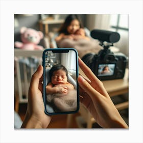 A Newborn Baby’s First Selfie: A Blurry Phone Screen Shot of Two Hands Holding a Sleepy Baby Canvas Print
