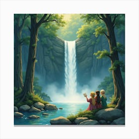 Watercolor Scene Of Elves Singing By A Forest Waterfall At Dusk Canvas Print