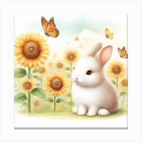 Bunny In Sunflowers And Butterflies Canvas Print