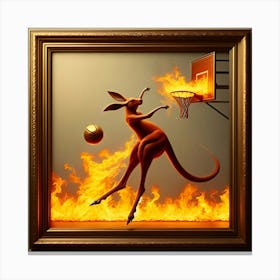 A Bouncing Kangaroo Playing Basketball With Fire, Inspired By The Kinetic Sculptures Of Alexander Calder, With A Fiery Red And Orange Palette, Where The Fire Is In Focus And The Rest Of The Scene Is Blurred Canvas Print