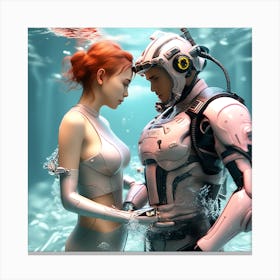 3d Dslr Photography Couples Inside Under The Sea Water Swimming Holding Each Other, Cyberpunk Art, By Krenz Cushart, Both Are Wearing A Futuristic Swimming With Helmet Suit Of Power Armor 3 Canvas Print