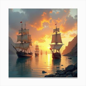 Watercolor Scene Of The Grey Havens At Sunset With Ships Ready To Depart 1 Canvas Print