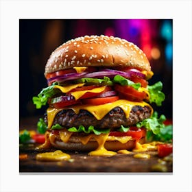 Burger On A Wooden Table Canvas Print