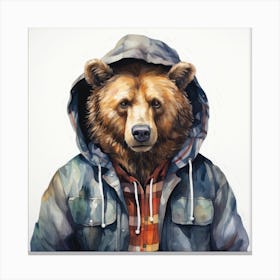 Watercolour Cartoon Grizzly Bear In A Hoodie 1 Canvas Print