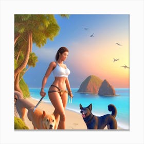 Woman With Dogs On The Beach Canvas Print