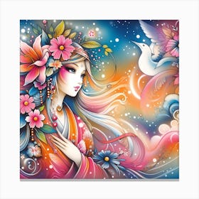 Chinese Girl With Flowers Canvas Print