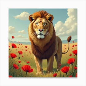 Lion Standing By Wild Poppies 1 Canvas Print