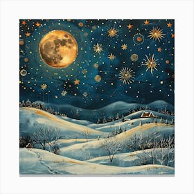 Magical Winter Night Scene With A Large Full Moon Stars And A Snowy Landscape Featuring Small Houses And Leafless Tree Canvas Print